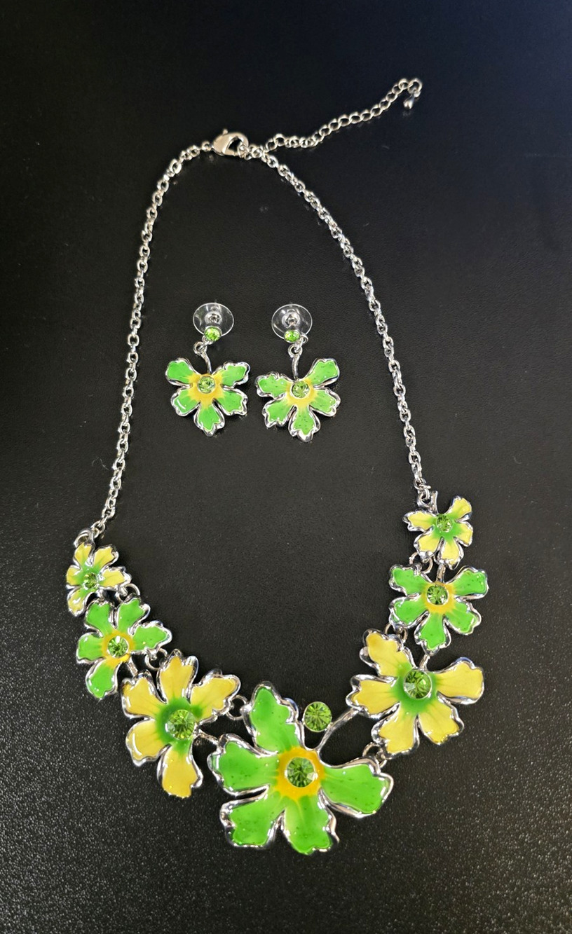 Green Yellow Enamel Flower Silver Tone Necklace & Earrings Jewelry Set